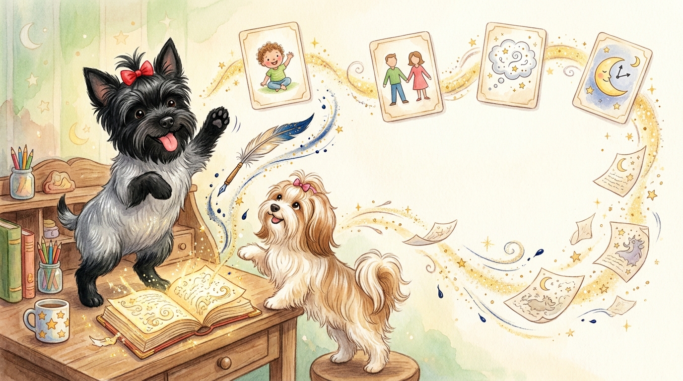 Elvis the Giant Yorkie playing on his writing desk with Priscilla as four storybook ingredient cards float across the sky
